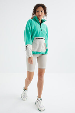 Deniz Yeşili Etek Ucu Büzgülü Yarım Fermuarlı Oversize Kadın Polar Sweatshirt - 97238 | S