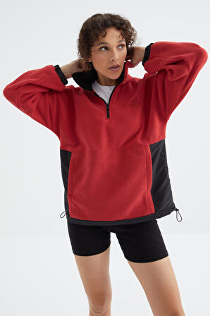 Fiesta Yarım Fermuar Etek Ucu Büzgülü Dik Yaka  Oversize Kadın Polar Sweatshirt - 97236 | L