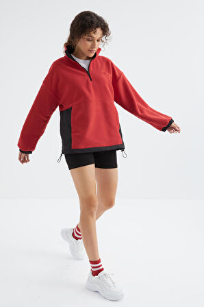 Fiesta Yarım Fermuar Etek Ucu Büzgülü Dik Yaka  Oversize Kadın Polar Sweatshirt - 97236 | L