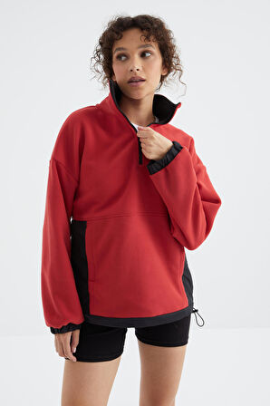 Fiesta Yarım Fermuar Etek Ucu Büzgülü Dik Yaka  Oversize Kadın Polar Sweatshirt - 97236 | L