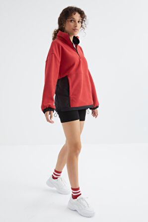 Fiesta Yarım Fermuar Etek Ucu Büzgülü Dik Yaka  Oversize Kadın Polar Sweatshirt - 97236 | L