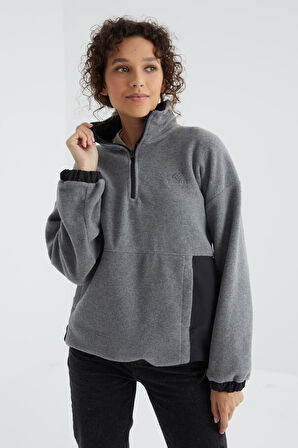 Gri Melanj Yarım Fermuar Etek Ucu Büzgülü Dik Yaka  Oversize Kadın Polar Sweatshirt - 97236 | M