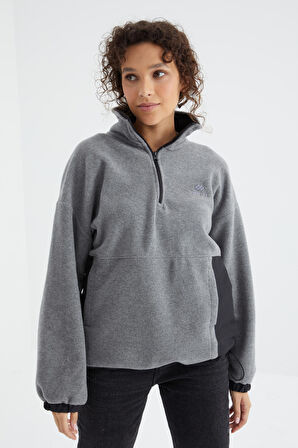 Gri Melanj Yarım Fermuar Etek Ucu Büzgülü Dik Yaka  Oversize Kadın Polar Sweatshirt - 97236 | M