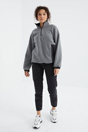 Gri Melanj Yarım Fermuar Etek Ucu Büzgülü Dik Yaka  Oversize Kadın Polar Sweatshirt - 97236 | M