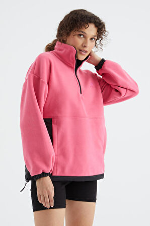Şeker Pembe Yarım Fermuar Etek Ucu Büzgülü Dik Yaka  Oversize Kadın Polar Sweatshirt - 97236 | M