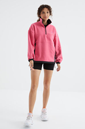 Şeker Pembe Yarım Fermuar Etek Ucu Büzgülü Dik Yaka  Oversize Kadın Polar Sweatshirt - 97236 | M