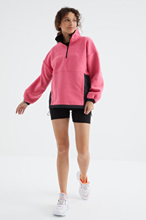 Şeker Pembe Yarım Fermuar Etek Ucu Büzgülü Dik Yaka  Oversize Kadın Polar Sweatshirt - 97236 | XL