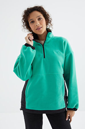 Deniz Yeşili Yarım Fermuar Etek Ucu Büzgülü Dik Yaka  Oversize Kadın Polar Sweatshirt - 97236 | S