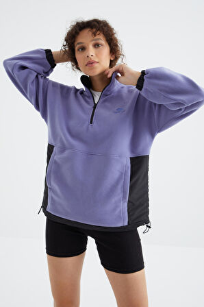 Açık Eflatun Yarım Fermuar Etek Ucu Büzgülü Dik Yaka  Oversize Kadın Polar Sweatshirt - 97236 | M