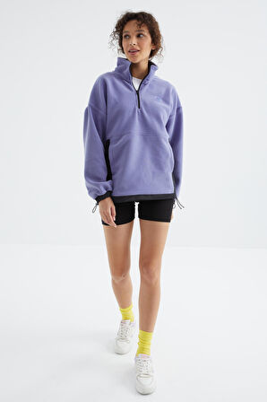 Açık Eflatun Yarım Fermuar Etek Ucu Büzgülü Dik Yaka  Oversize Kadın Polar Sweatshirt - 97236 | M