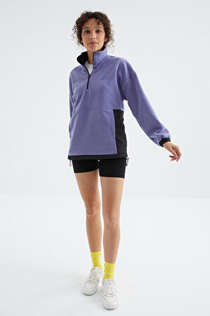 Açık Eflatun Yarım Fermuar Etek Ucu Büzgülü Dik Yaka  Oversize Kadın Polar Sweatshirt - 97236 | XL