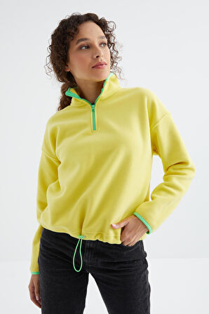 Limon Yarım Fermuarlı Etek Ucu Büzgülü Dik Yaka Oversize Kadın Polar Sweatshirt - 97234 | M