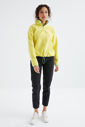 Limon Yarım Fermuarlı Etek Ucu Büzgülü Dik Yaka Oversize Kadın Polar Sweatshirt - 97234 | M