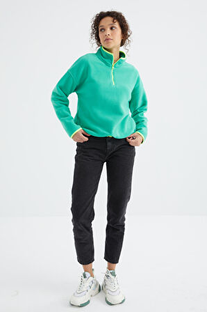Deniz Yeşili Yarım Fermuar Etek Ucu Büzgülü Dik Yaka Oversize Kadın Polar Sweatshirt - 97234 | XL