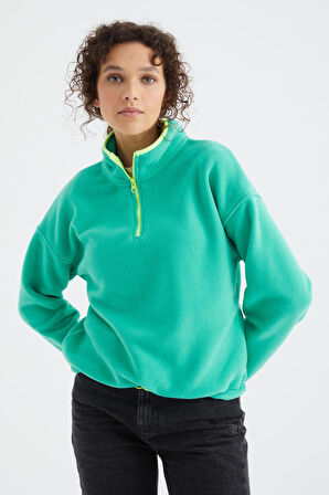 Deniz Yeşili Yarım Fermuar Etek Ucu Büzgülü Dik Yaka Oversize Kadın Polar Sweatshirt - 97234 | XL