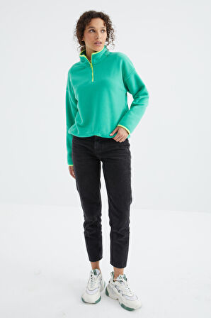 Deniz Yeşili Yarım Fermuar Etek Ucu Büzgülü Dik Yaka Oversize Kadın Polar Sweatshirt - 97234 | XL