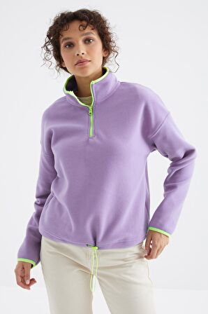 Açık Eflatun Yarım Fermuar Etek Ucu Büzgülü Dik Yaka Oversize Kadın Polar Sweatshirt - 97234 | XL