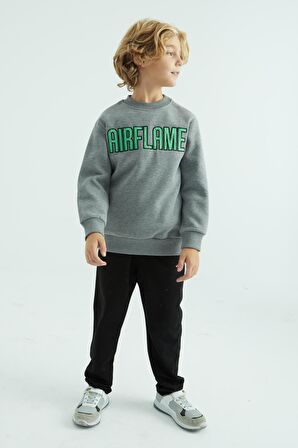 Gri Melanj Yazı Nakışlı O yaka Standart Kalıp Erkek Çocuk Sweatshirt - 10987 | 8-9