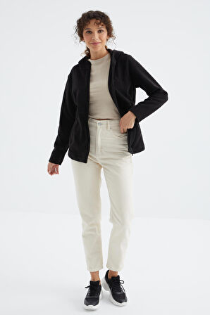 Siyah Kapüşonlu Fermuarlı Rahat Form Kadın Polar Sweatshirt - 97233 | M