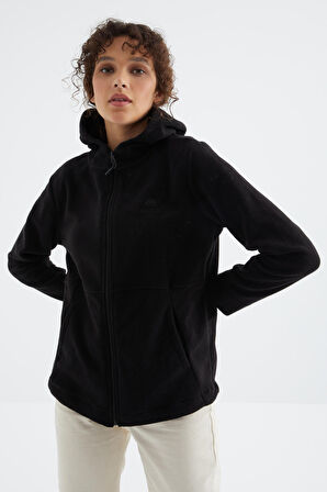 Siyah Kapüşonlu Fermuarlı Rahat Form Kadın Polar Sweatshirt - 97233 | S