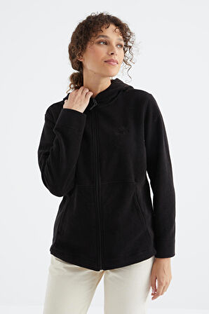 Siyah Kapüşonlu Fermuarlı Rahat Form Kadın Polar Sweatshirt - 97233 | S