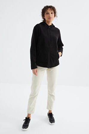 Siyah Kapüşonlu Fermuarlı Rahat Form Kadın Polar Sweatshirt - 97233 | S