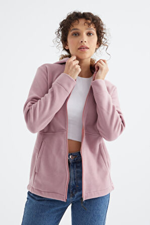 Gül Kurusu Kapüşonlu Fermuarlı Rahat Form Kadın Polar Sweatshirt - 97233 | M