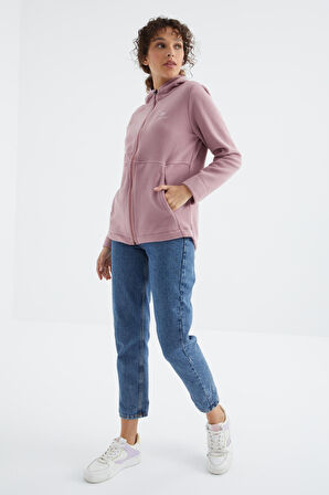 Gül Kurusu Kapüşonlu Fermuarlı Rahat Form Kadın Polar Sweatshirt - 97233 | S