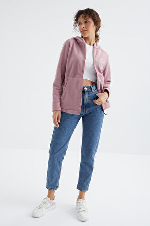 Gül Kurusu Kapüşonlu Fermuarlı Rahat Form Kadın Polar Sweatshirt - 97233 | S