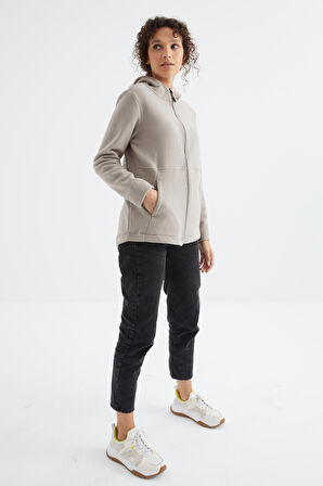 Koyu Bej Kapüşonlu Fermuarlı Rahat Form Kadın Polar Sweatshirt - 97233 | XL