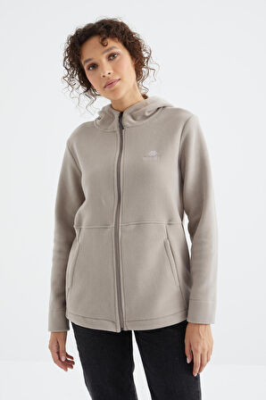 Koyu Bej Kapüşonlu Fermuarlı Rahat Form Kadın Polar Sweatshirt - 97233 | XL