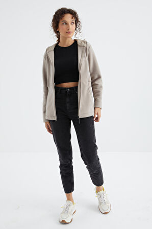 Koyu Bej Kapüşonlu Fermuarlı Rahat Form Kadın Polar Sweatshirt - 97233 | XL