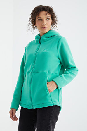 Deniz Yeşili Kapüşonlu Fermuarlı Rahat Form Kadın Polar Sweatshirt - 97233 | L