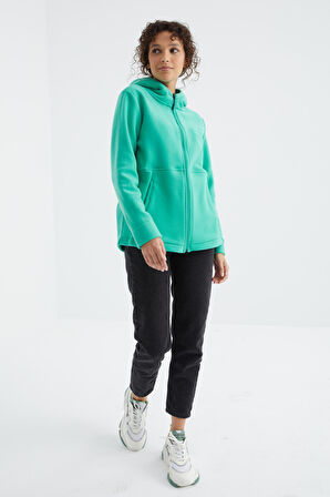 Deniz Yeşili Kapüşonlu Fermuarlı Rahat Form Kadın Polar Sweatshirt - 97233 | L
