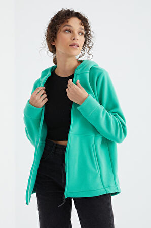 Deniz Yeşili Kapüşonlu Fermuarlı Rahat Form Kadın Polar Sweatshirt - 97233 | L