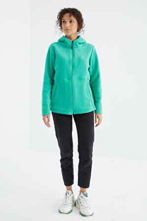 Deniz Yeşili Kapüşonlu Fermuarlı Rahat Form Kadın Polar Sweatshirt - 97233 | L