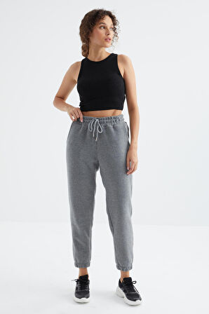 Gri Melanj Cepli Bağcıklı Jogger Rahat Form Polar Kadın Eşofman Alt - 94622 | XL