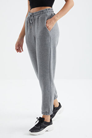 Gri Melanj Cepli Bağcıklı Jogger Rahat Form Polar Kadın Eşofman Alt - 94622 | XL