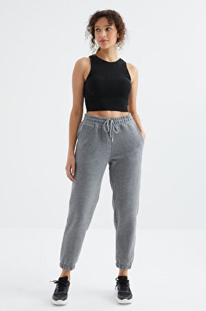 Gri Melanj Cepli Bağcıklı Jogger Rahat Form Polar Kadın Eşofman Alt - 94622 | XL