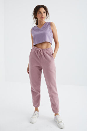 Gül Kurusu Cepli Bağcıklı Jogger Rahat Form Polar Kadın Eşofman Alt - 94622 | L