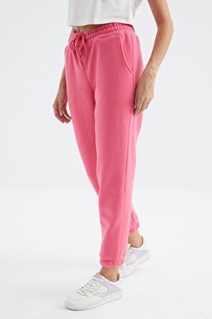 Şeker Pembe Cepli Bağcıklı Jogger Rahat Form Polar Kadın Eşofman Alt - 94622 | XL