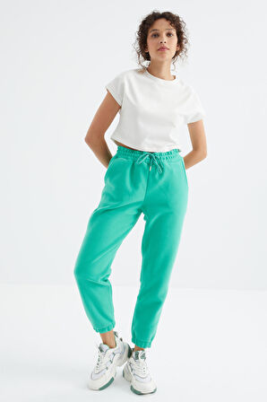 Deniz Yeşili Cepli Bağcıklı Jogger Rahat Form Polar Kadın Eşofman Alt - 94622 | S