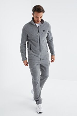 Gri Melanj Dik Yaka Basic Erkek Polar Eşofman Takımı - 85193 | XL