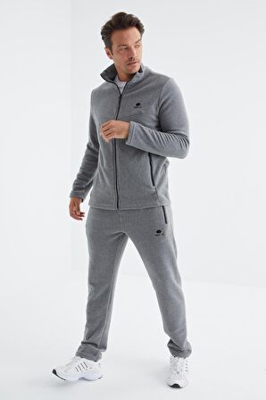 Gri Melanj Dik Yaka Basic Erkek Polar Eşofman Takımı - 85193 | XL
