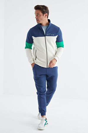 Ekru - İndigo Dik Yaka  Renk Geçişli Standart Kalıp Erkek Eşofman Takımı  - 85186 | XL