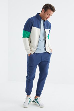 Ekru - İndigo Dik Yaka  Renk Geçişli Standart Kalıp Erkek Eşofman Takımı  - 85186 | XL