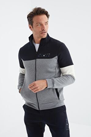 Gri Melanj - Lacivert Dik Yaka  Renk Geçişli Standart Kalıp Erkek Eşofman Takımı  - 85186 | XL