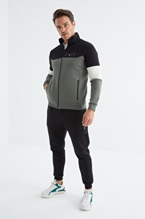 Çağla - Siyah Dik Yaka  Renk Geçişli Standart Kalıp Erkek Eşofman Takımı  - 85186 | XL