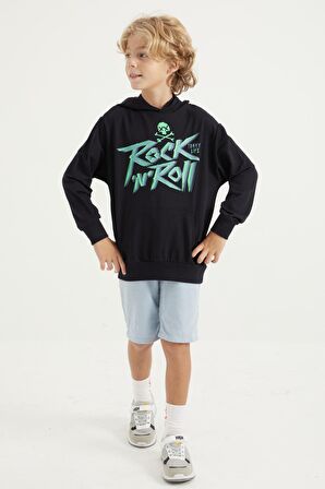 Lacivert Baskı Detaylı Standart Kalıp Kapüşonlu Erkek Çocuk Sweatshirt - 11002 | 8-9