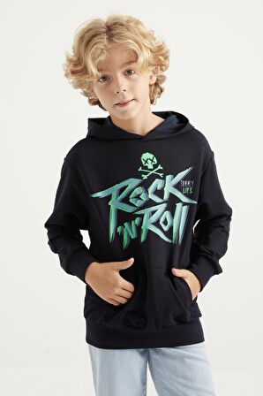Lacivert Baskı Detaylı Standart Kalıp Kapüşonlu Erkek Çocuk Sweatshirt - 11002 | 8-9